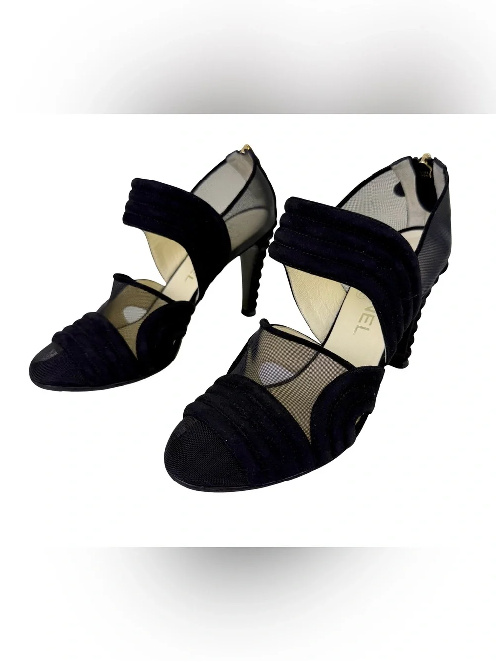 CHANEL BLACK SUEDE AND MESH SCULPTURAL HEEL PUMPS